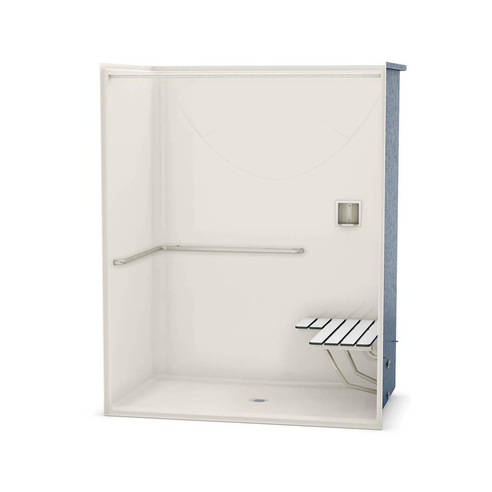 Aker OPS-6036-RS AcrylX Alcove Center Drain One-Piece Shower in Biscuit - ADA Grab Bar and Seat