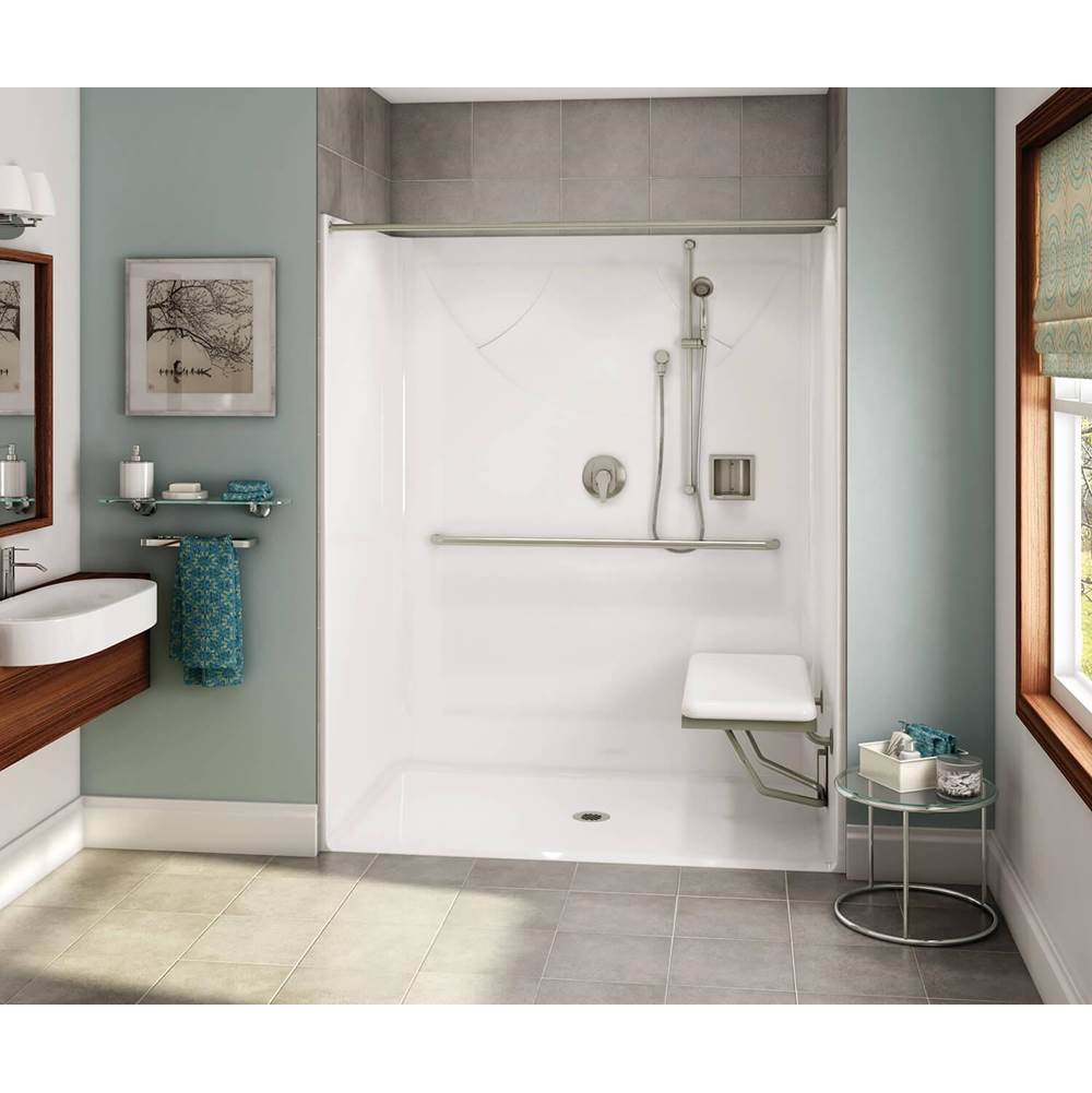 Aker OPS-6036-RS AcrylX Alcove Center Drain One-Piece Shower in Thunder Grey - MASS Grab Bar and Seat