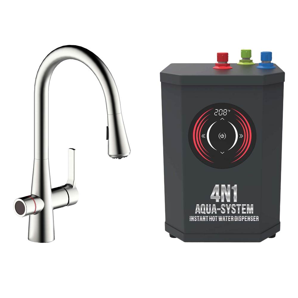 AquaNuTech 4N1 Transitional Pull-Down Spray Faucet-BN/Digital Instant Hot Water Dispenser/Leak Detector System