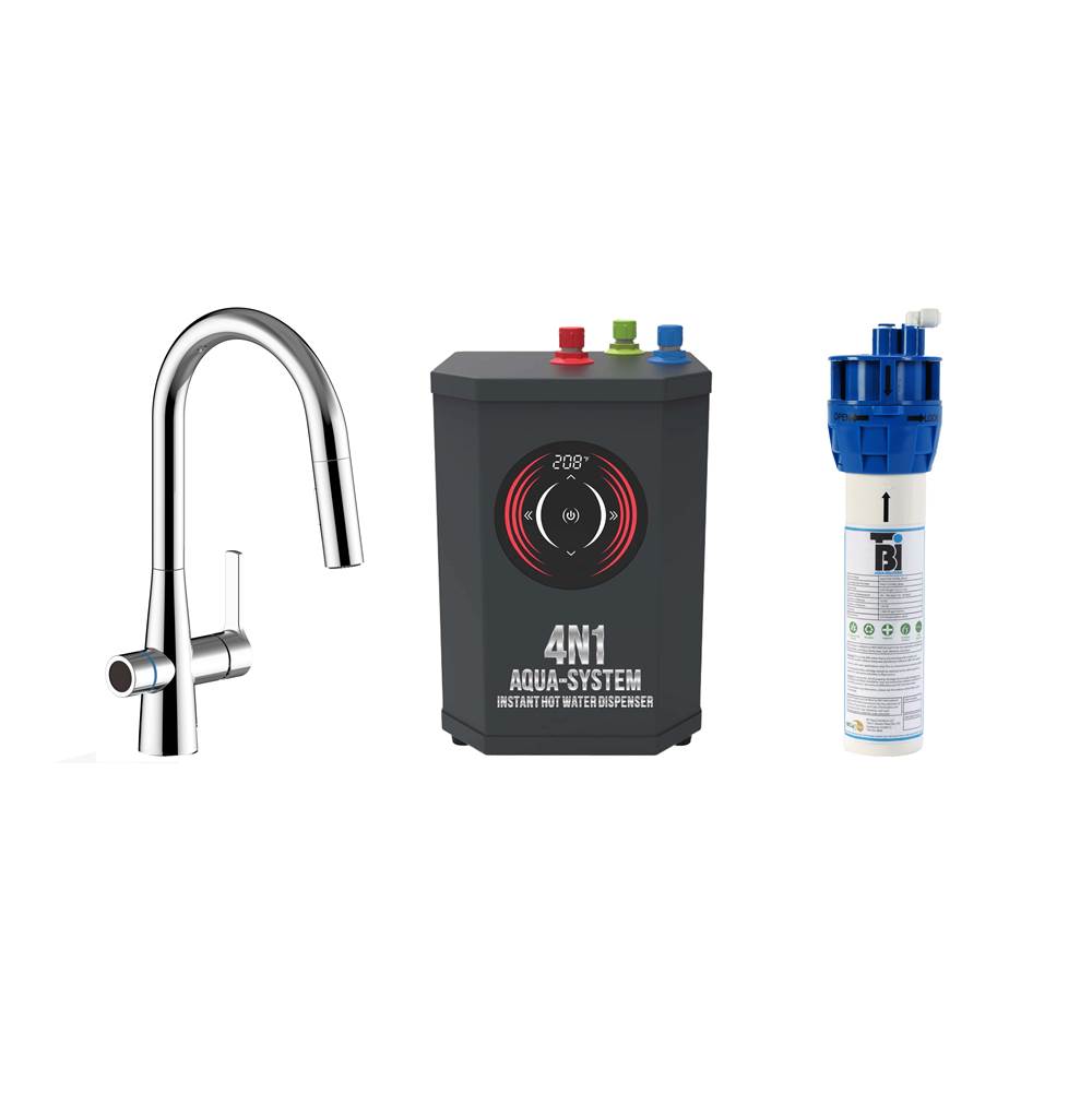 AquaNuTech 4N1 Contemporary Pull-Down Spray Faucet-CH/Digital Instant Hot Water Dispenser/Filtration System/Leak Detector System