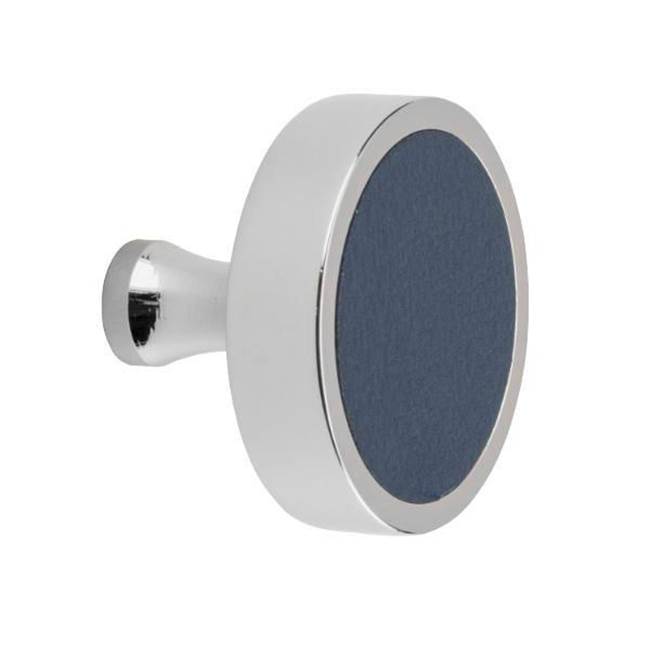 Colonial Bronze Leather Accented Round Cabinet Knob With Flared Post, Frost Chrome x Shagreen Smokey Leather