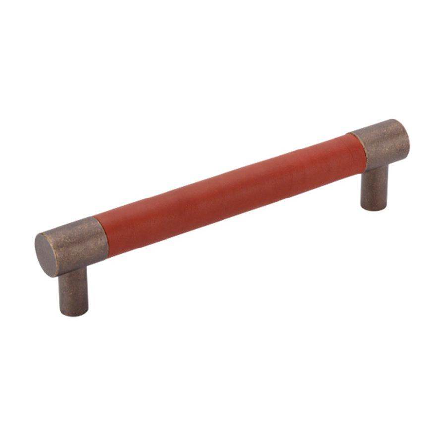 Colonial Bronze Leather Accented Round Appliance Pull, Door Pull, Shower Door Pull With Straight Posts, Unlacquered Polished Brass x Woven Cherry Royale Leather