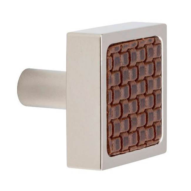 Colonial Bronze Leather Accented Square Cabinet Knob With Straight Post, Polished Brass x Shagreen Ink Leather