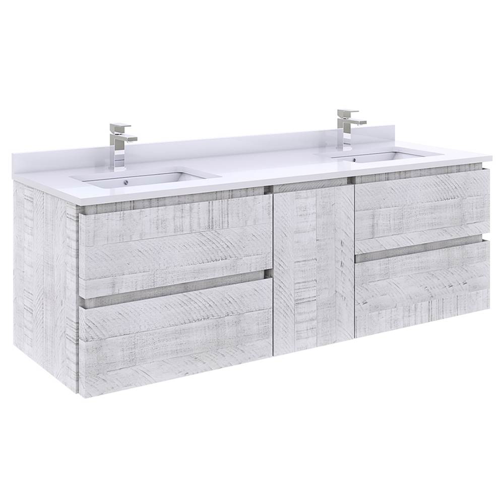 Fresca Bath Formosa 60'' Wall Hung Double Sink Modern Bathroom Cabinet w/ Top & Sinks in Rustic White