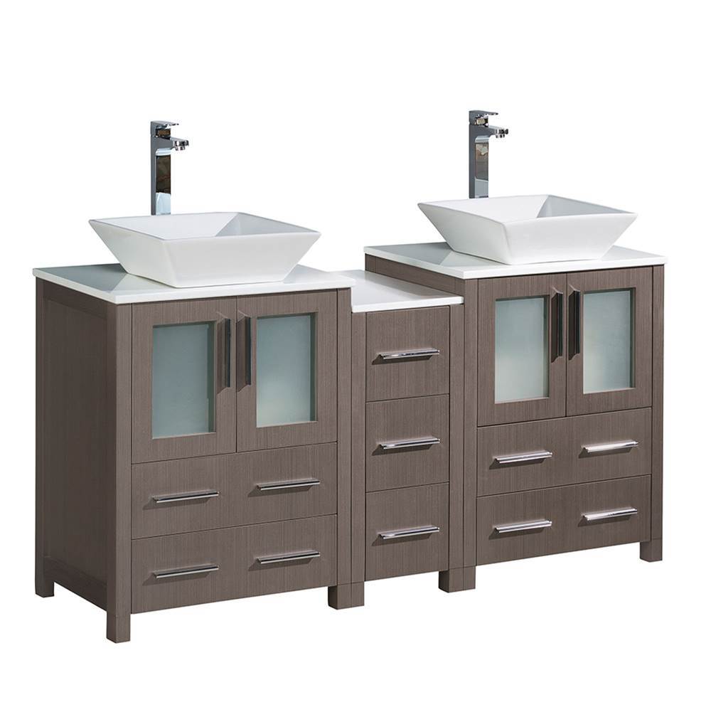 Fresca Bath Fresca Torino 60'' Gray Oak Modern Double Sink Bathroom Cabinets w/ Tops & Vessel Sinks