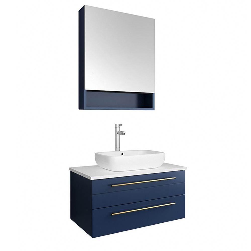 Fresca Bath Lucera 30'' Royal Blue Wall Hung Vessel Sink Modern Bathroom Vanity w/ Medicine Cabinet