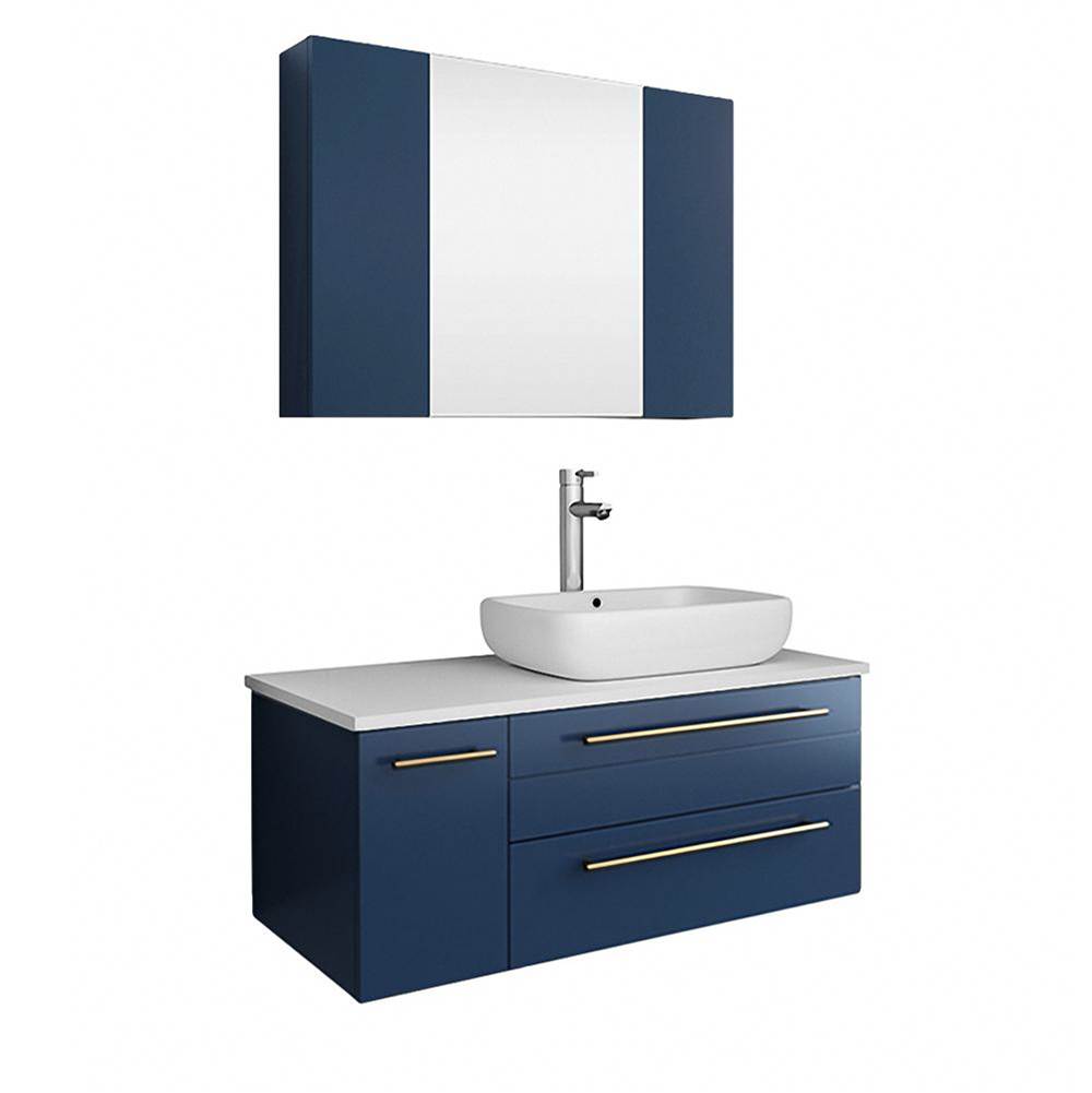 Fresca Bath Lucera 36'' Royal Blue Wall Hung Vessel Sink Modern Bathroom Vanity w/ Medicine Cabinet - Right Version