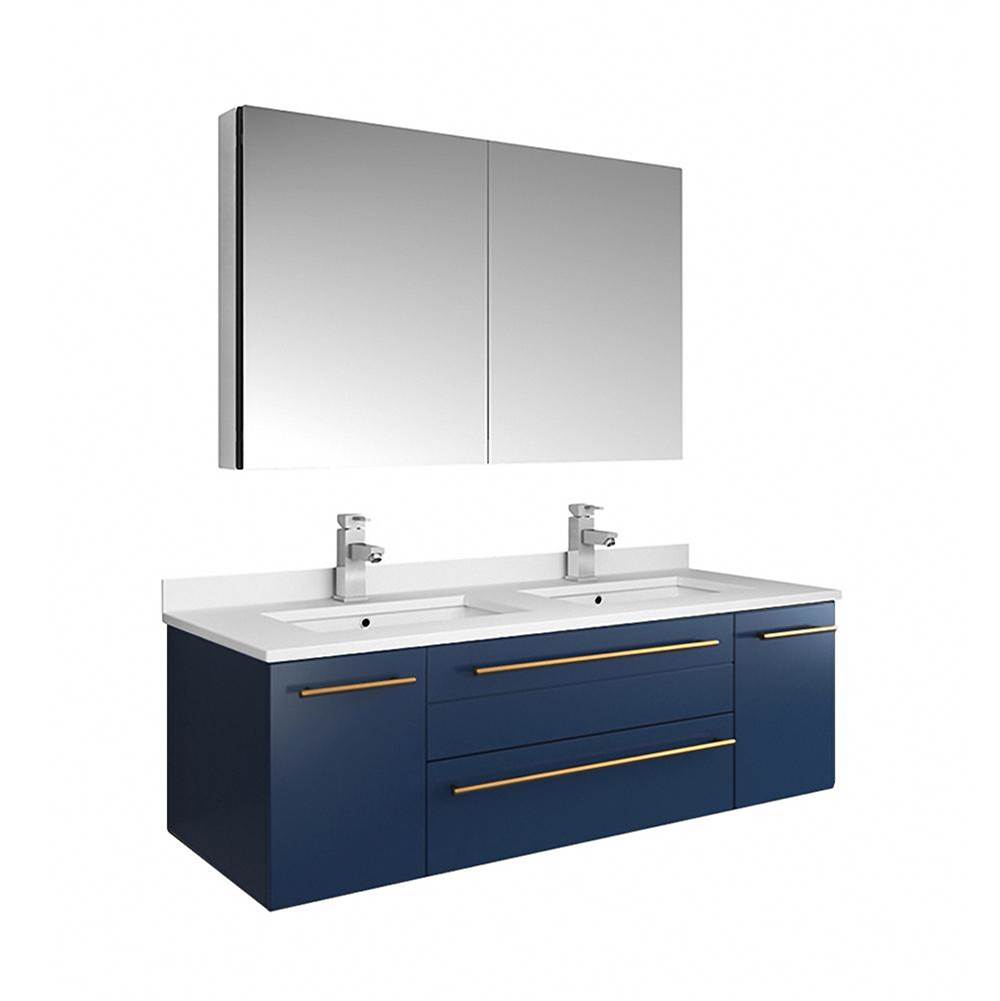 Fresca Bath Lucera 48'' Royal Blue Wall Hung Double Undermount Sink Modern Bathroom Vanity w/ Medicine Cabinet
