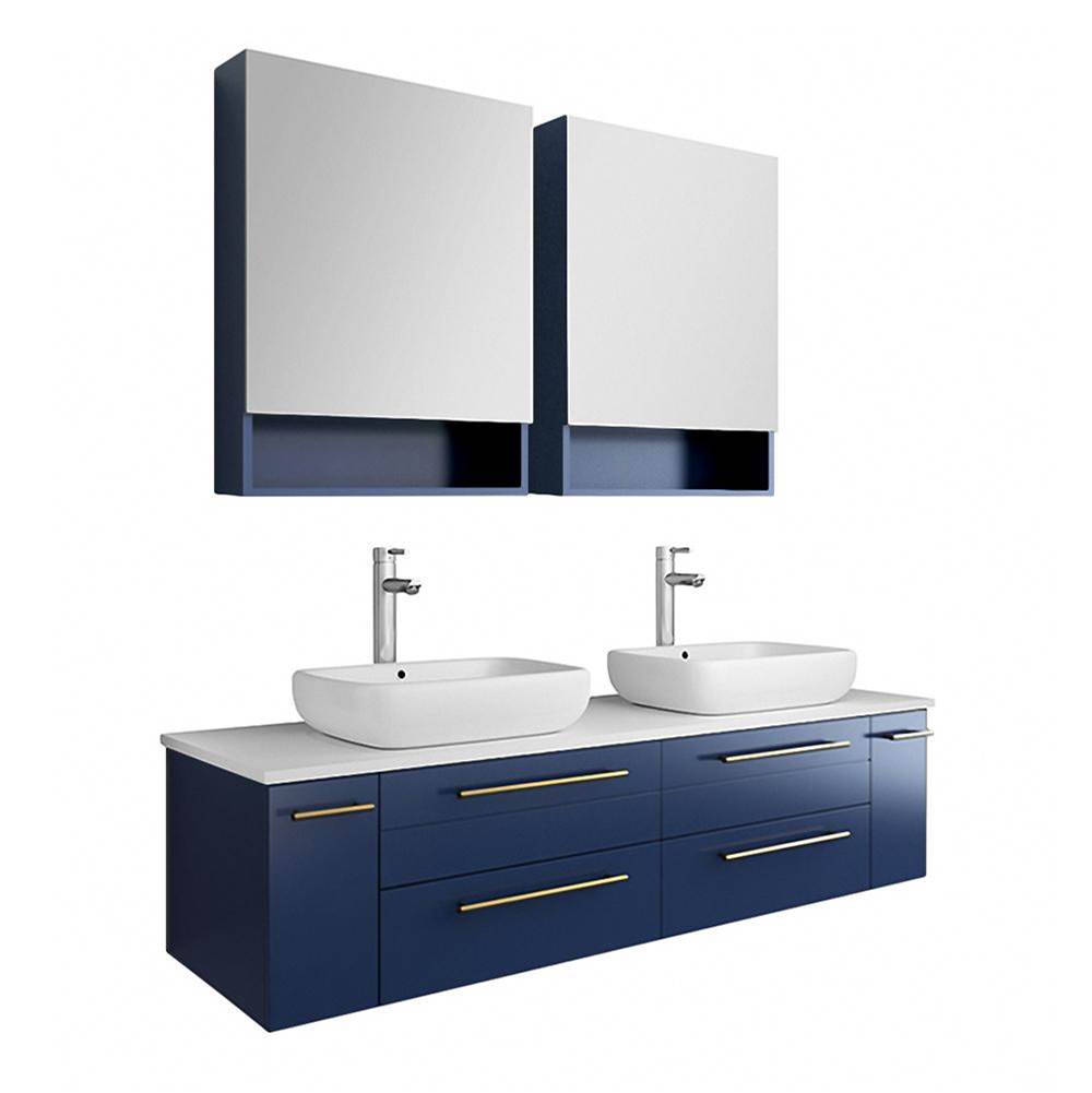 Fresca Bath Lucera 60'' Royal Blue Wall Hung Double Vessel Sink Modern Bathroom Vanity w/ Medicine Cabinets