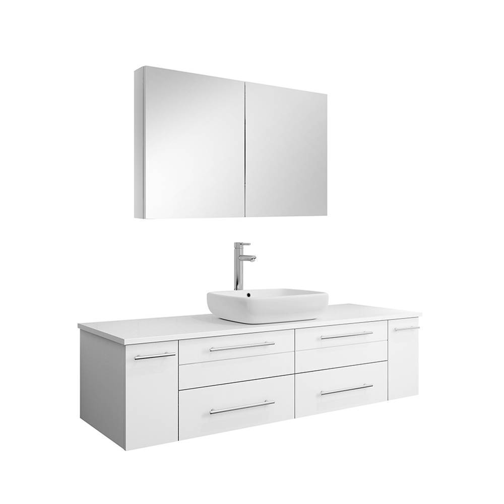 Fresca Bath Fresca Lucera 60'' White Wall Hung Single Vessel Sink Modern Bathroom Vanity w/ Medicine Cabinet