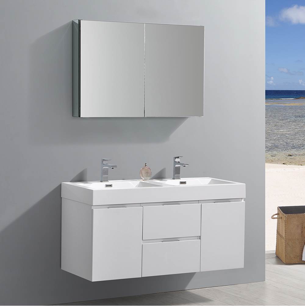 Fresca Bath Fresca Valencia 48'' Glossy White Wall Hung Double Sink Modern Bathroom Vanity w/ Medicine Cabinet