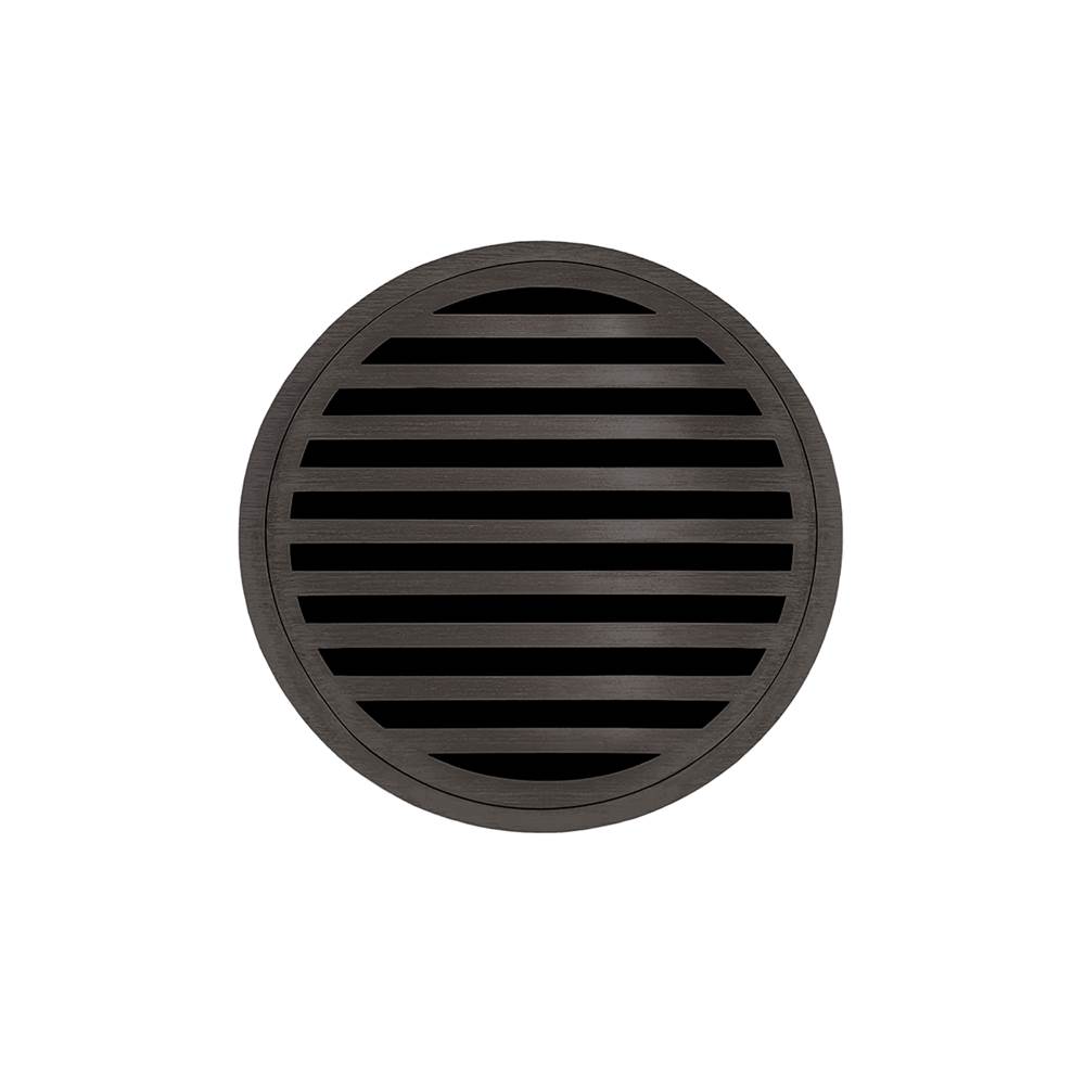 Infinity Drain 5'' Round RND 5 High Flow Complete Kit with Lines Pattern Decorative Plate in Oil Rubbed Bronze with PVC Drain Body, 3'' Outlet