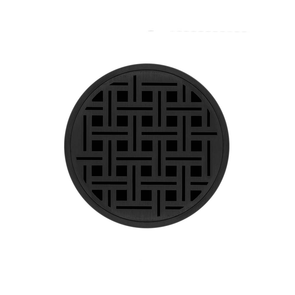 Infinity Drain 5'' Round RVD 5 Complete Kit with Weave Pattern Decorative Plate in Matte Black with Cast Iron Drain Body, 2'' Outlet