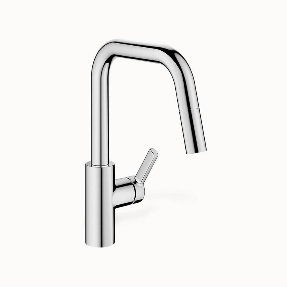 KWC Luna E Single-Hole Kitchen Faucet With Pull-Out Spray - Geometric Spout With Side Lever - Brushed Stainless Steel