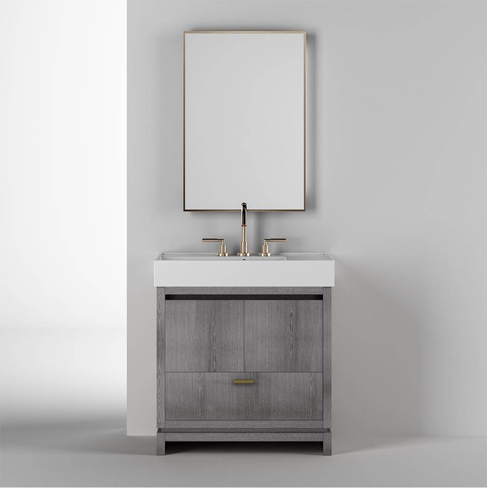 Lacava Free-standing under-counter vanity with finger pulls across top doors and polished chrome pull across bottom drawer.