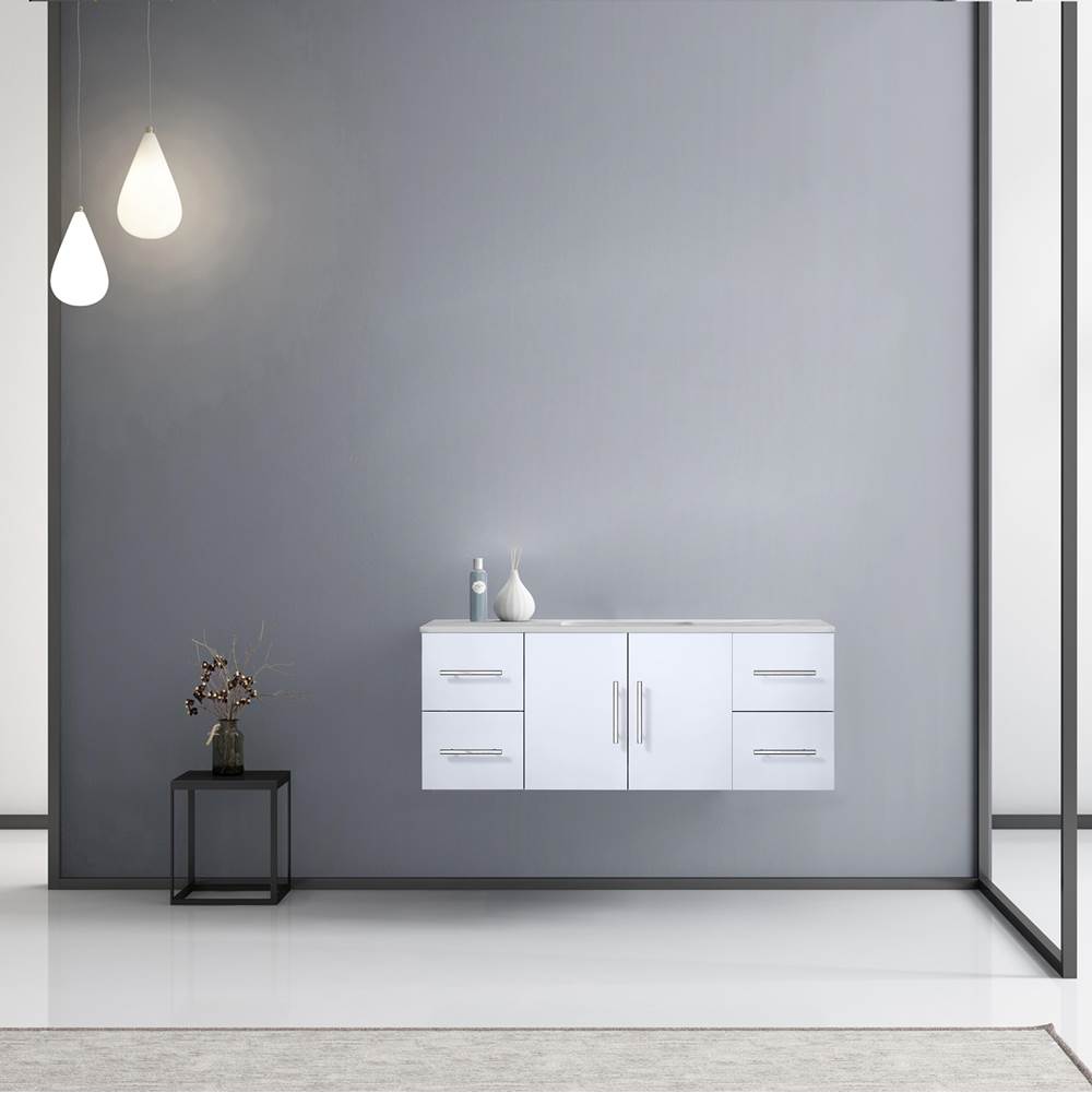 Lexora Geneva 48'' Glossy White Single Vanity, White Carrara Marble Top, White Square Sink and no Mirror