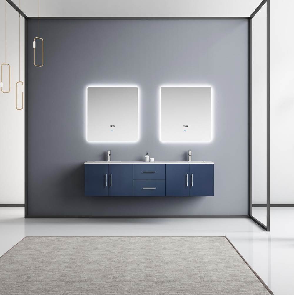 Lexora Geneva 72'' Navy Blue Double Vanity, White Carrara Marble Top, White Square Sinks and 30'' LED Mirrors w/ Faucets