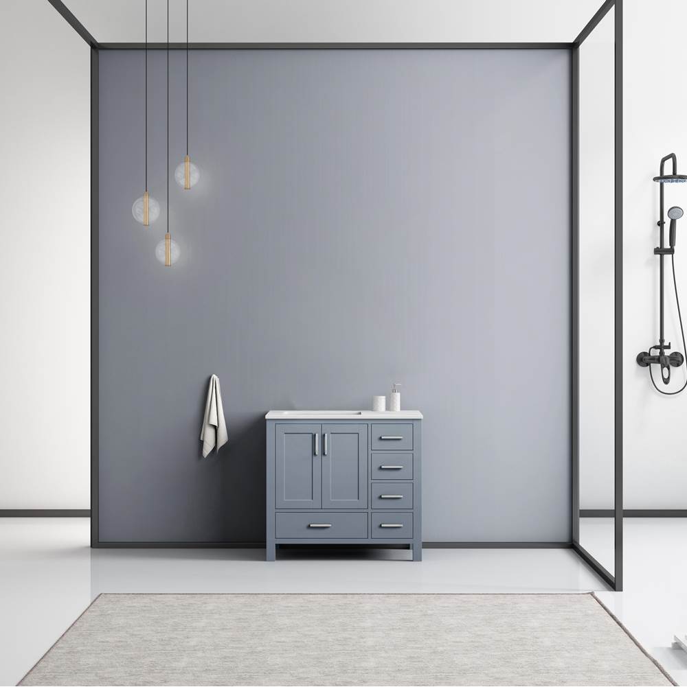 Lexora Jacques 36'' Dark Grey Single Vanity, White Carrara Marble Top, White Square Sink and no Mirror - Left Version