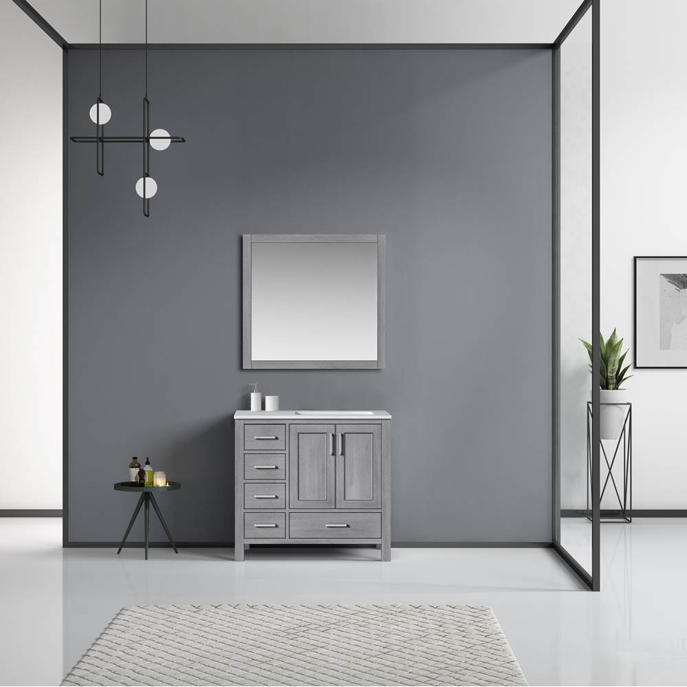 Lexora Jacques 36'' Distressed Grey Single Vanity, White Carrara Marble Top, White Square Sink and 34'' Mirror - Right Version