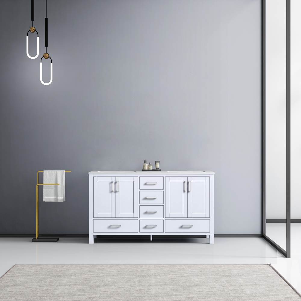 Lexora Jacques 60'' White Double Vanity, White Carrara Marble Top, White Square Sinks and no Mirror