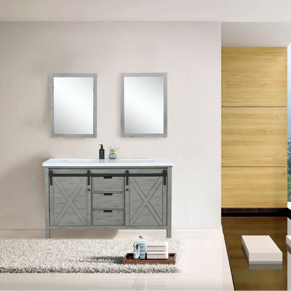 Lexora Marsyas 60'' Ash Grey Double Vanity, White Quartz Top, White Square Sinks and 24'' Mirrors