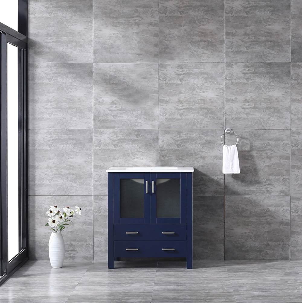 Lexora Volez 30'' Navy Blue Single Vanity, Integrated Top, White Integrated Square Sink and no Mirror