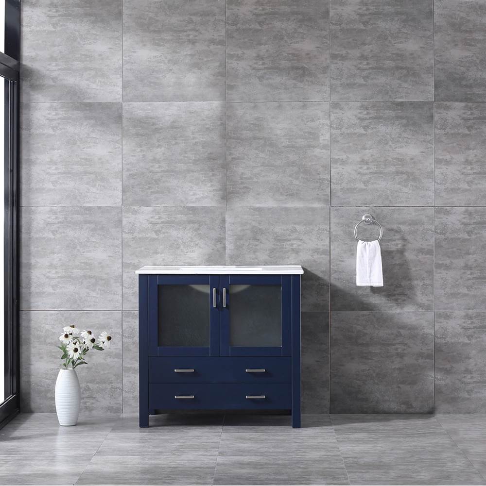 Lexora Volez 36'' Navy Blue Single Vanity, Integrated Top, White Integrated Square Sink and no Mirror