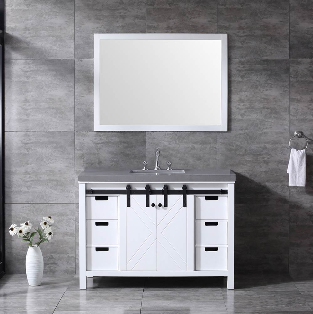 Lexora Marsyas 48'' White Single Vanity, Grey Quartz Top, White Square Sink and 44'' Mirror w/ Faucet