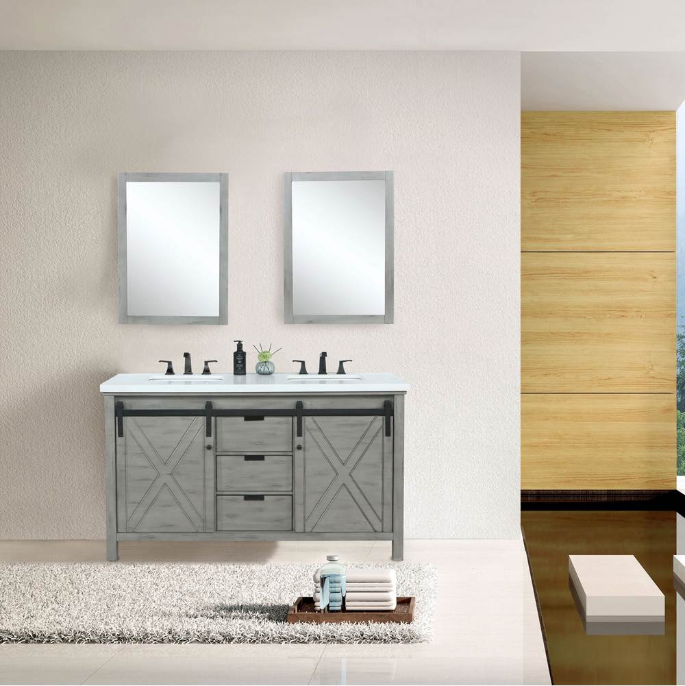 Lexora Marsyas 60'' Ash Grey Double Vanity, White Quartz Top, White Square Sinks and 24'' Mirrors w/ Faucets