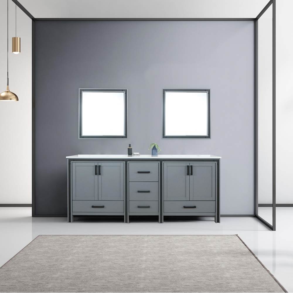 Lexora Ziva 80'' Dark Grey Double Vanity, Cultured Marble Top, White Square Sink and 30'' Mirrors