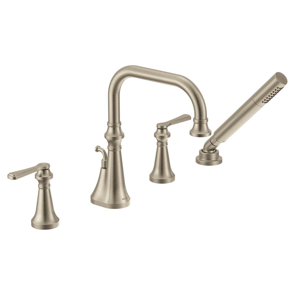 Moen Colinet Two Handle Deck-Mount Roman Tub Faucet Trim with Lever Handles and Handshower, Valve Required, in Brushed Nickel