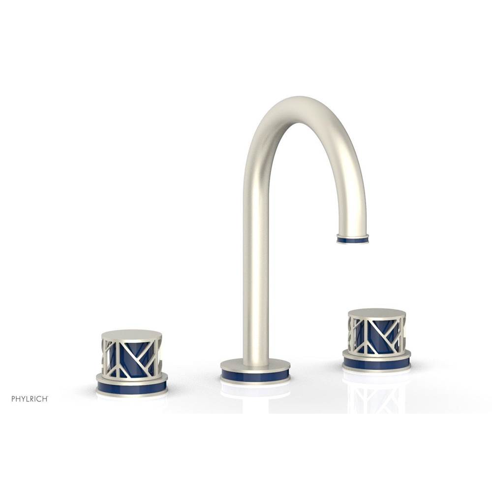 Phylrich Burnished Nickel Jolie Widespread Lavatory Faucet With Gooseneck Spout, Round Cutaway Handles, And Navy Blue Accents - 1.2GPM