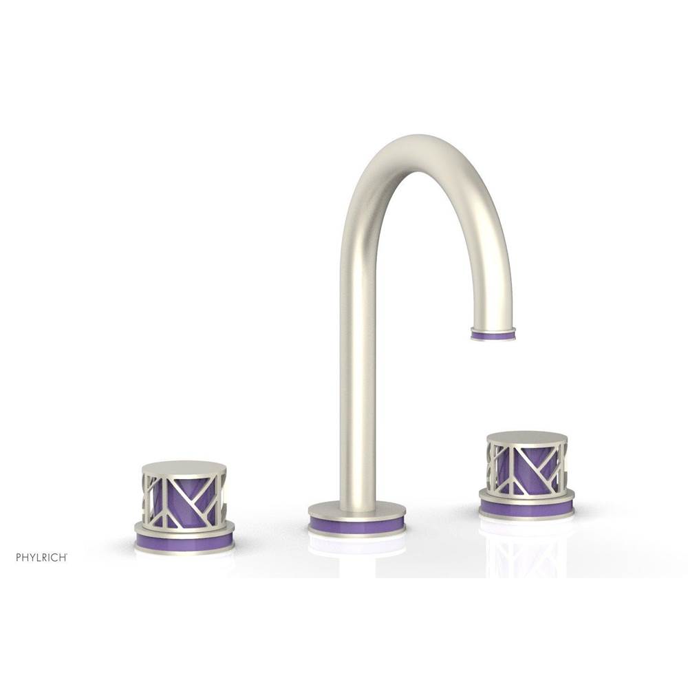 Phylrich Satin Brass Jolie Widespread Lavatory Faucet With Gooseneck Spout, Round Cutaway Handles, And Purple Accents - 1.2GPM
