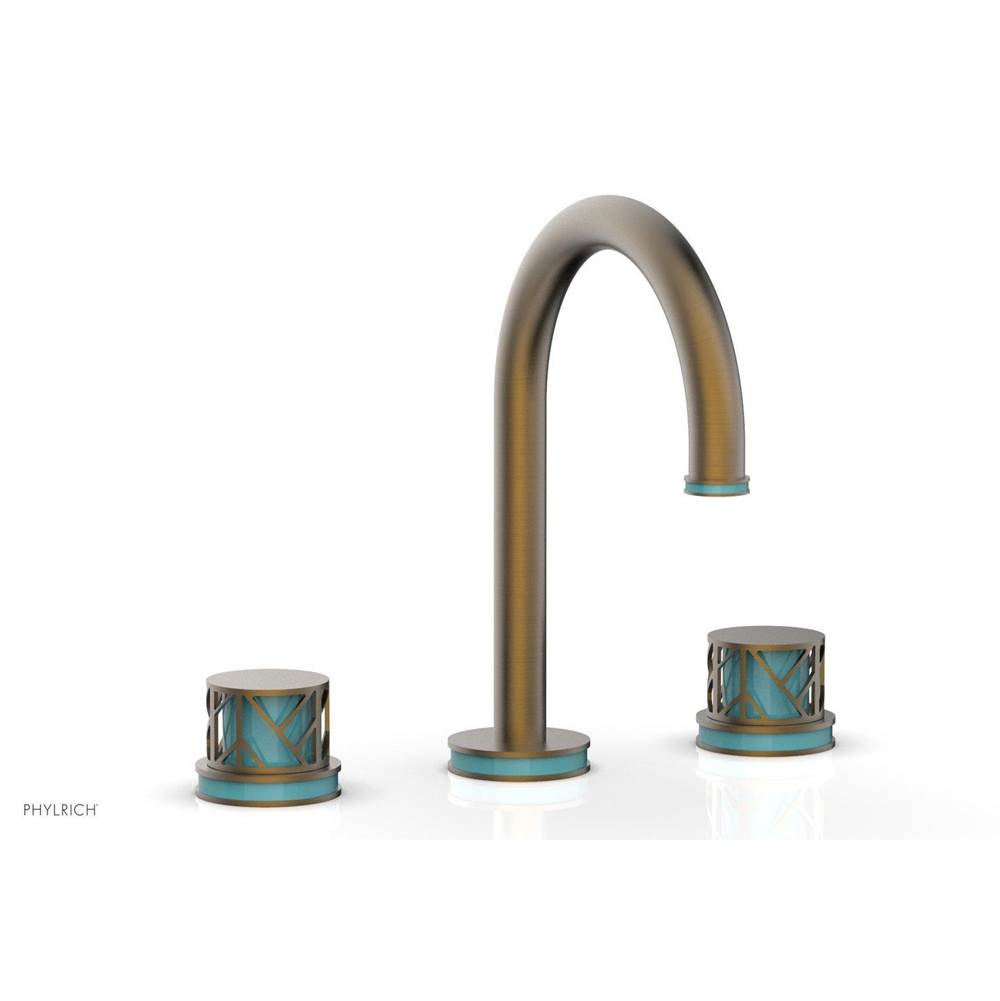 Phylrich Satin Brass Jolie Widespread Lavatory Faucet With Gooseneck Spout, Round Cutaway Handles, And Turquoise Accents - 1.2GPM